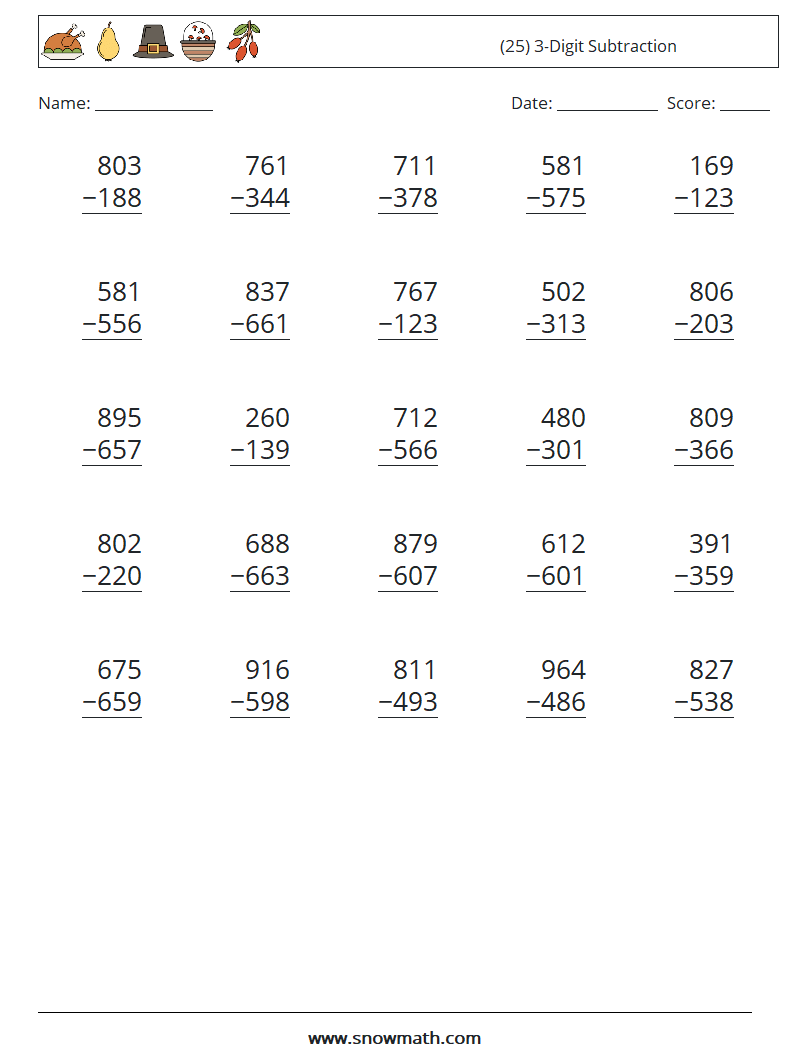 (25) 3-Digit Subtraction Math Worksheets 4