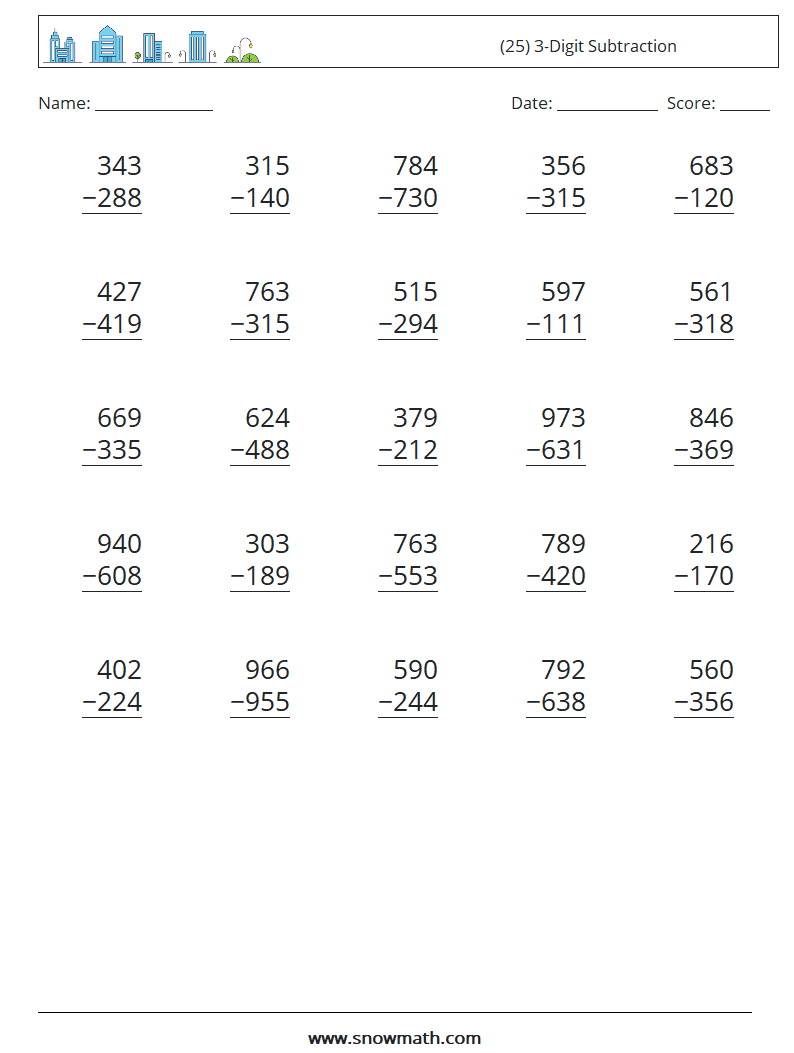 (25) 3-Digit Subtraction Math Worksheets 5