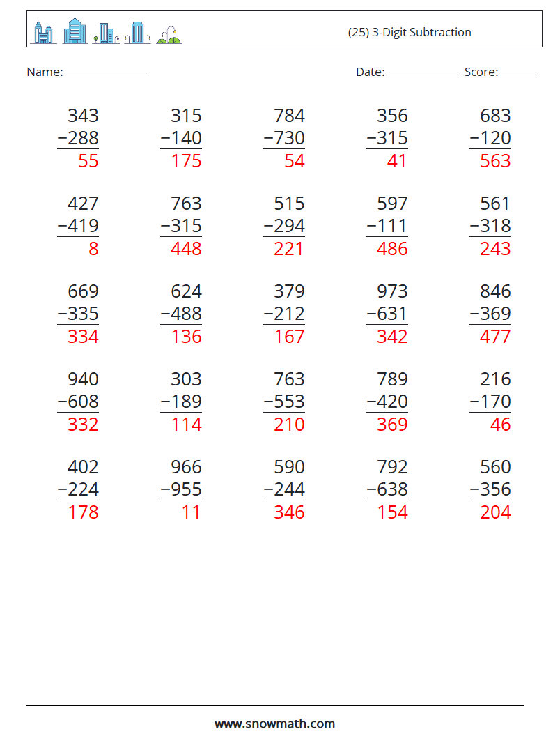 (25) 3-Digit Subtraction Math Worksheets 5 Question, Answer