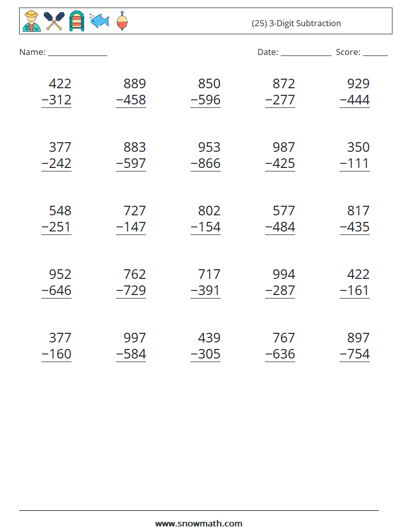 (25) 3-Digit Subtraction Math Worksheets 6