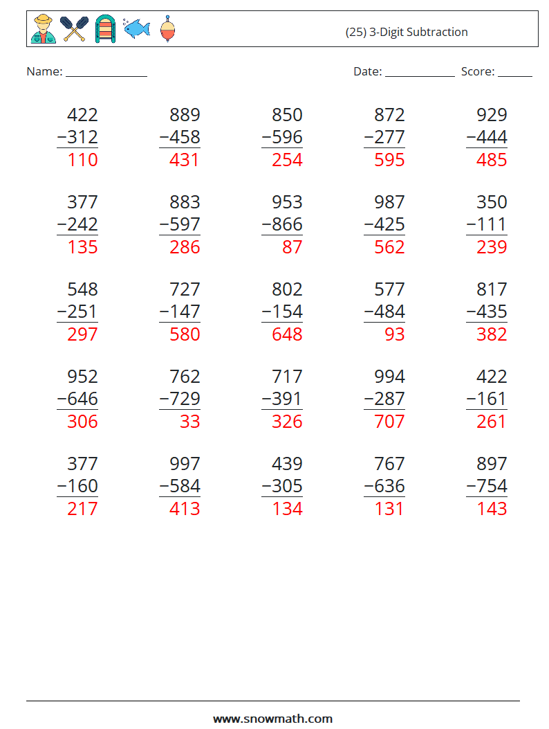 (25) 3-Digit Subtraction Math Worksheets 6 Question, Answer