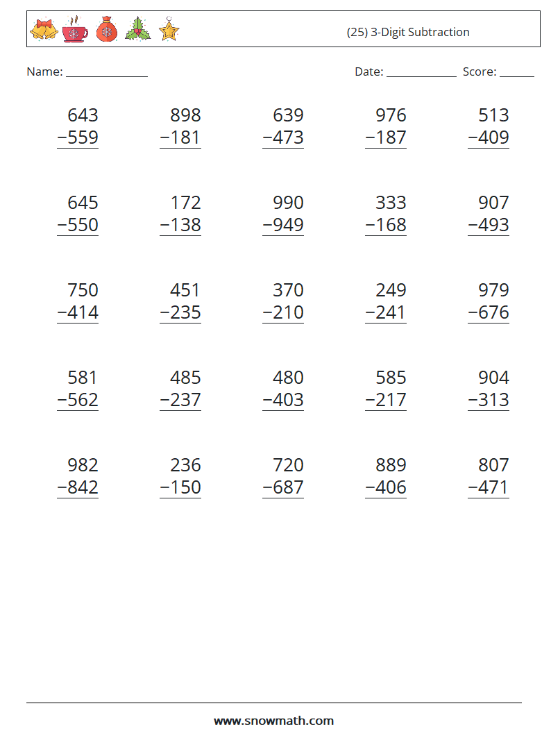 (25) 3-Digit Subtraction Math Worksheets 7