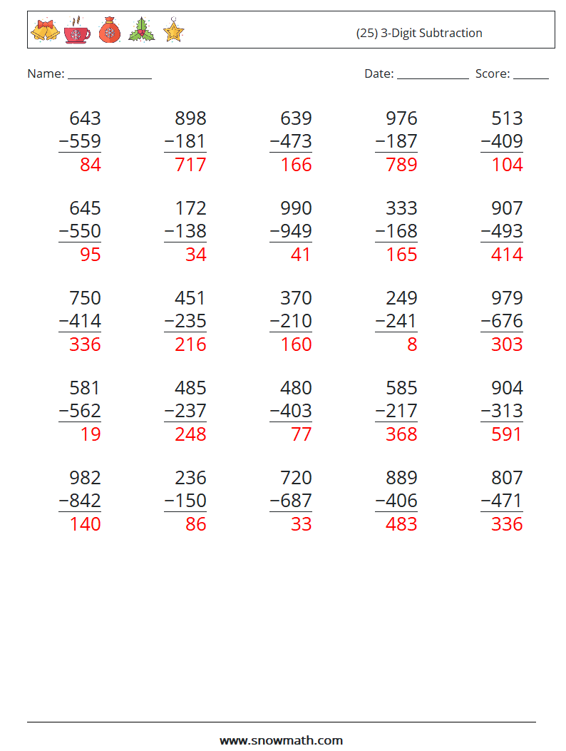 (25) 3-Digit Subtraction Math Worksheets 7 Question, Answer