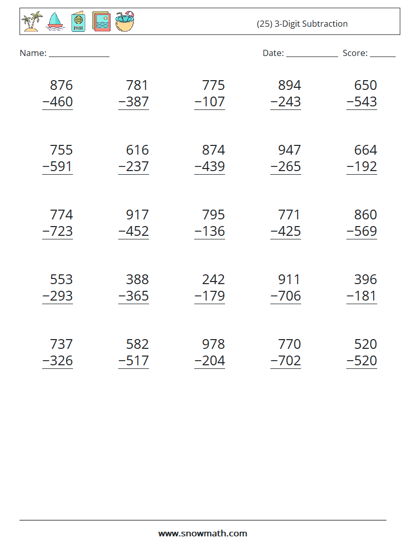 (25) 3-Digit Subtraction Math Worksheets 8