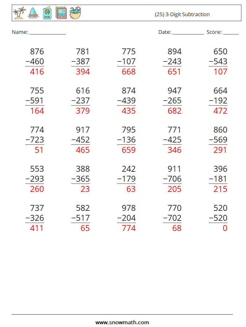 (25) 3-Digit Subtraction Math Worksheets 8 Question, Answer