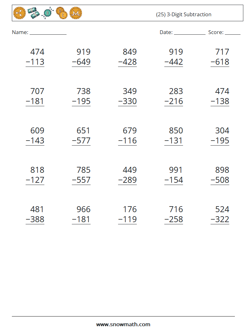 (25) 3-Digit Subtraction Math Worksheets 9