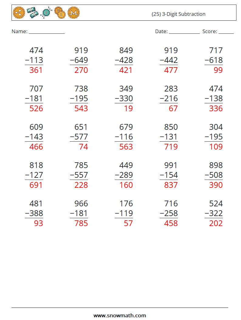 (25) 3-Digit Subtraction Math Worksheets 9 Question, Answer