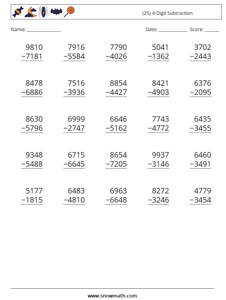 (25) 4-Digit Subtraction Math Worksheets 11