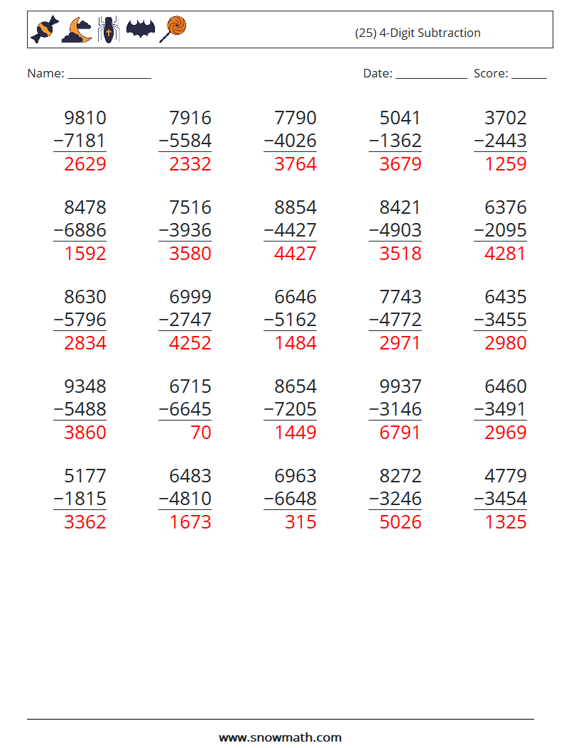 (25) 4-Digit Subtraction Math Worksheets 11 Question, Answer