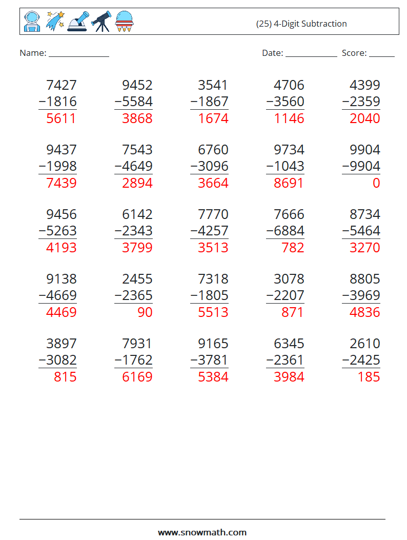 (25) 4-Digit Subtraction Math Worksheets 1 Question, Answer