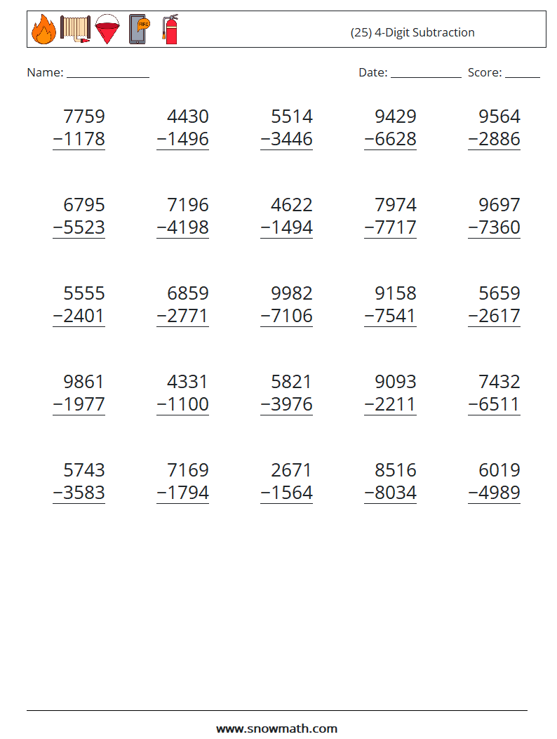 (25) 4-Digit Subtraction Math Worksheets 2