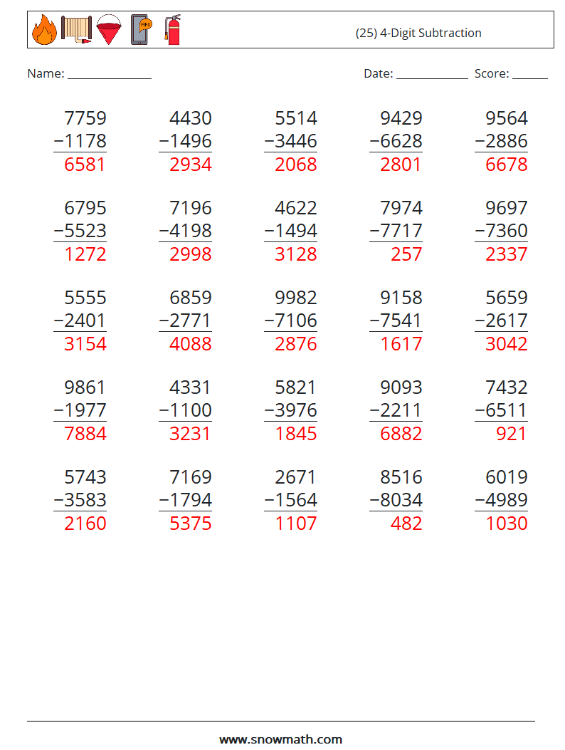 (25) 4-Digit Subtraction Math Worksheets 2 Question, Answer