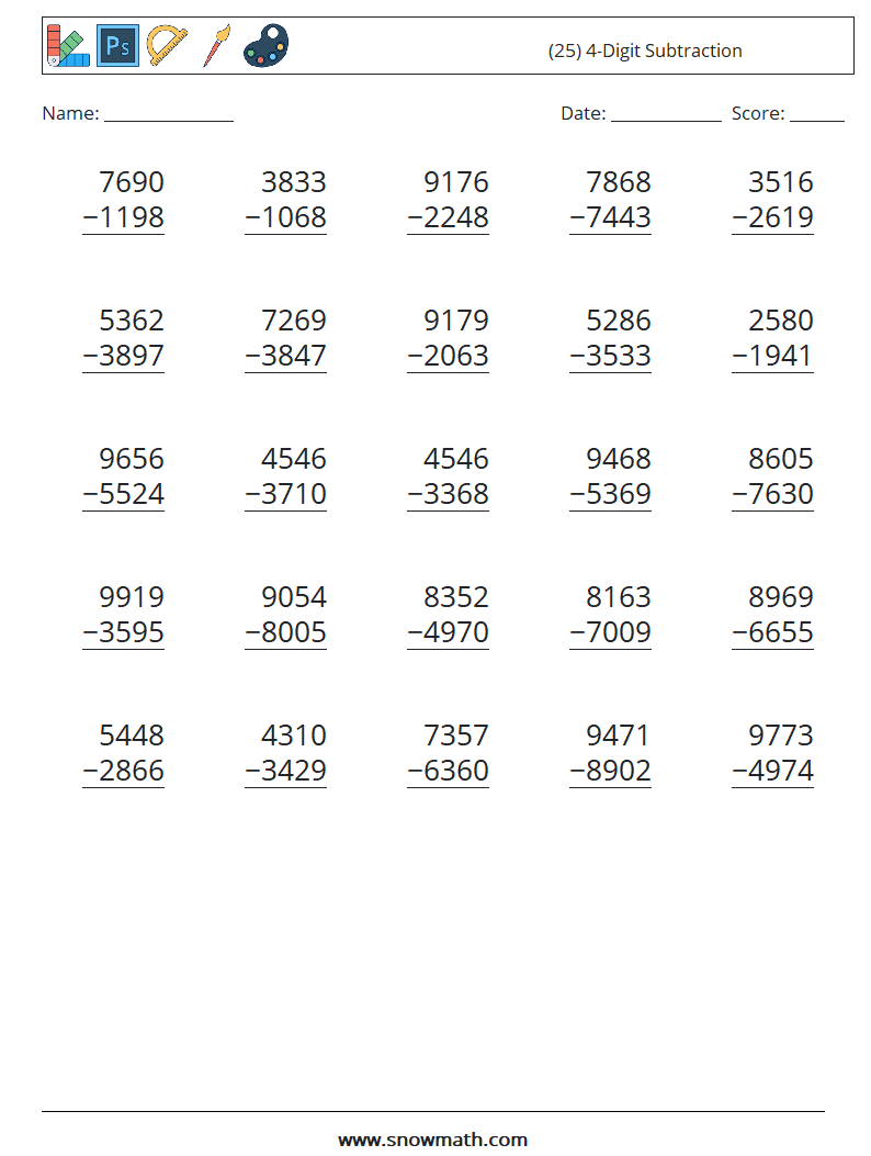 (25) 4-Digit Subtraction Math Worksheets 3