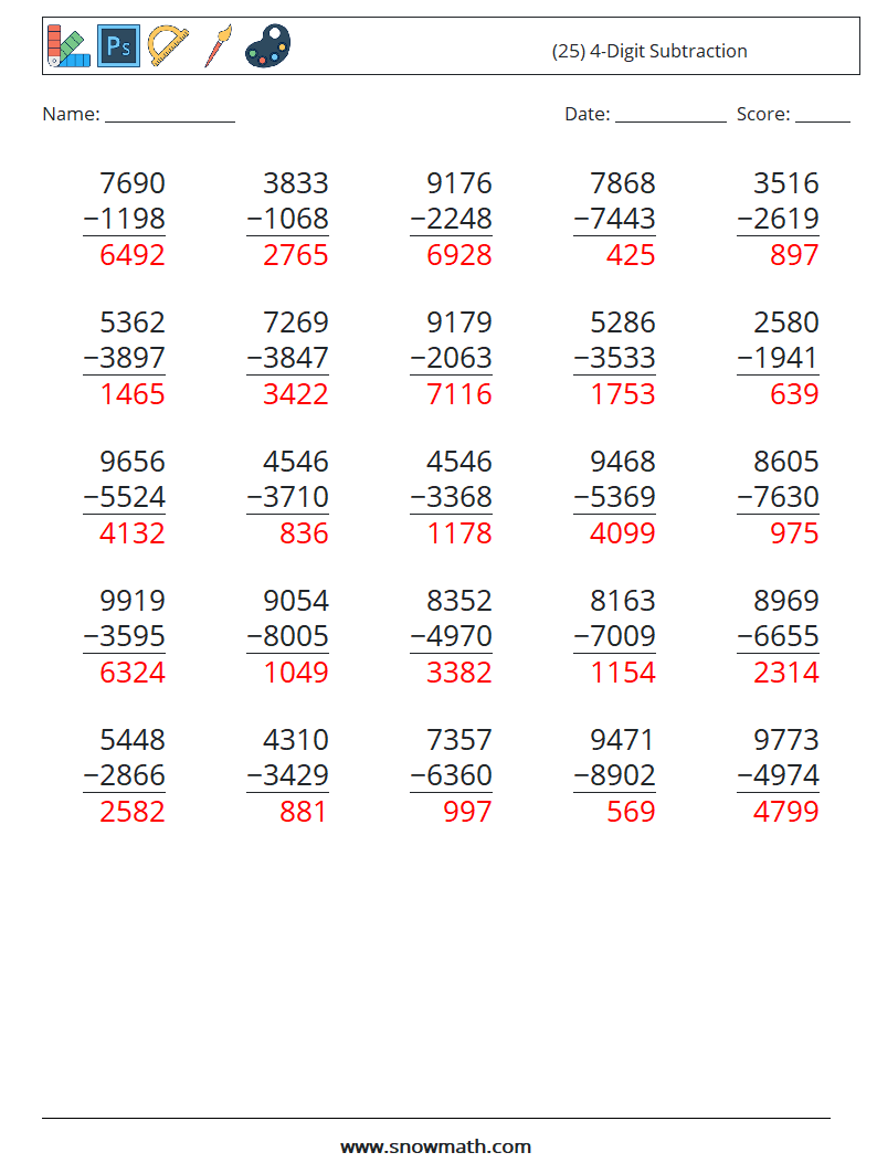 (25) 4-Digit Subtraction Math Worksheets 3 Question, Answer