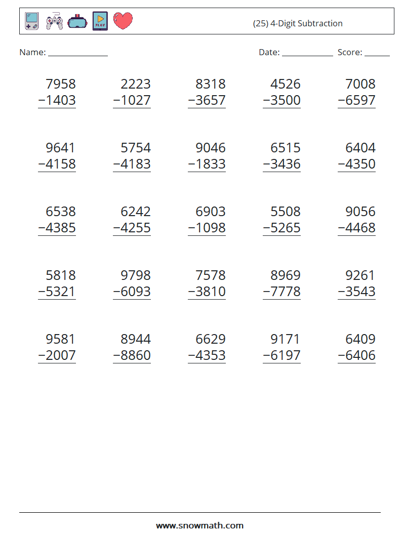 (25) 4-Digit Subtraction Math Worksheets 4