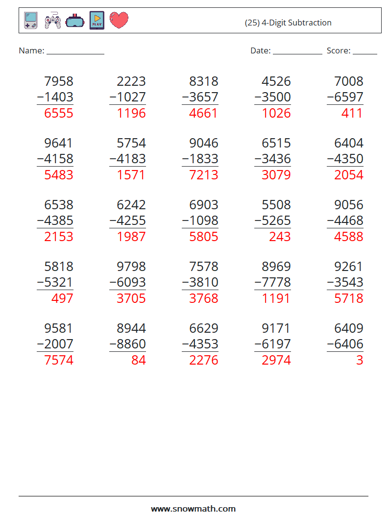(25) 4-Digit Subtraction Math Worksheets 4 Question, Answer