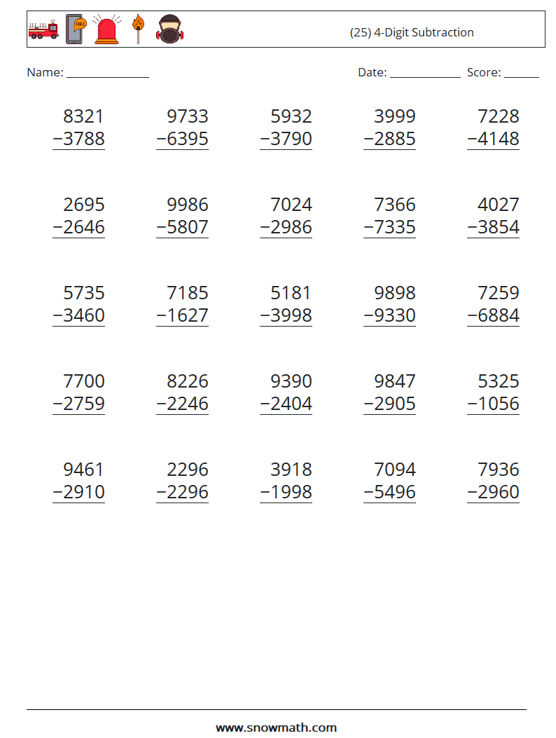 (25) 4-Digit Subtraction Math Worksheets 5