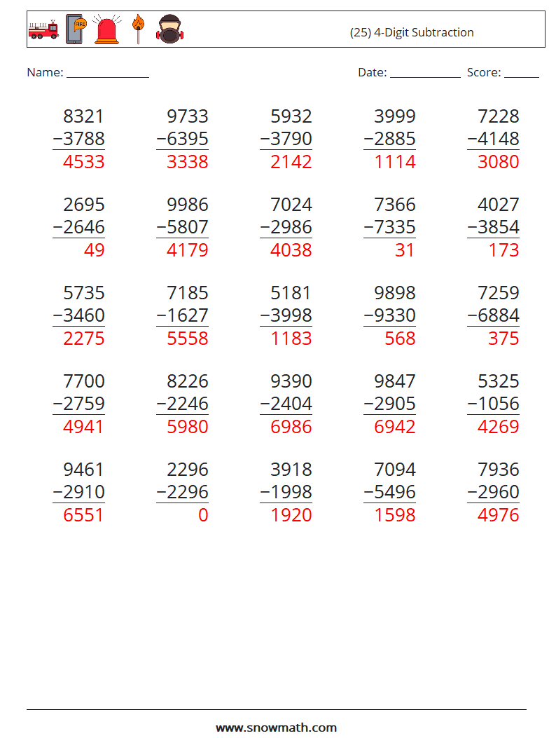 (25) 4-Digit Subtraction Math Worksheets 5 Question, Answer
