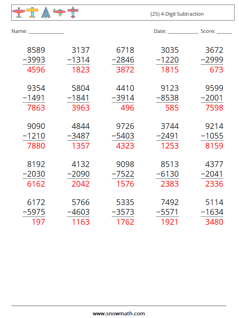 (25) 4-Digit Subtraction Math Worksheets 6 Question, Answer