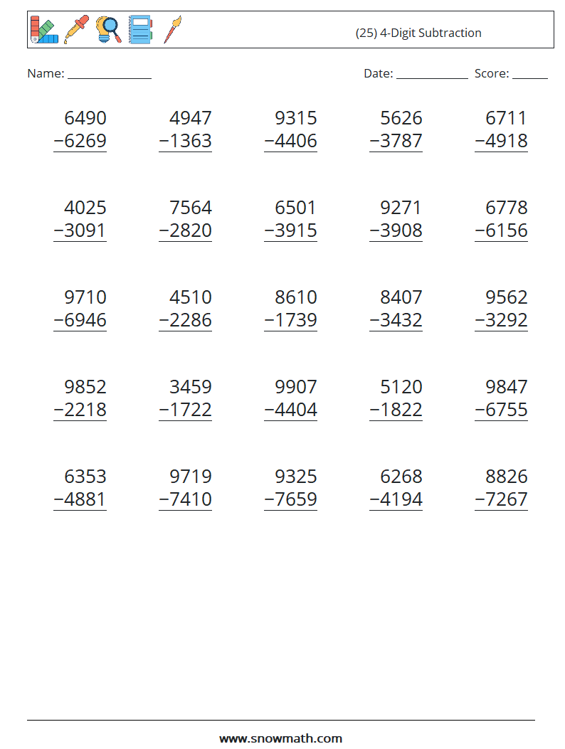 (25) 4-Digit Subtraction Math Worksheets 7