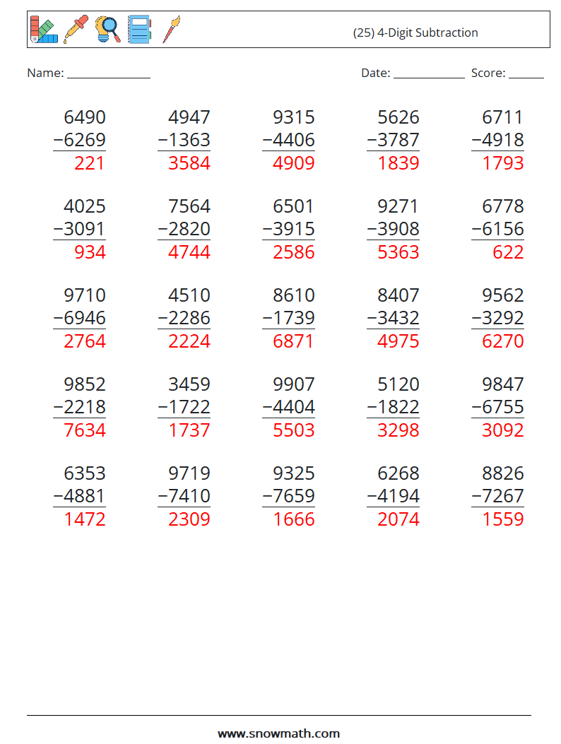 (25) 4-Digit Subtraction Math Worksheets 7 Question, Answer