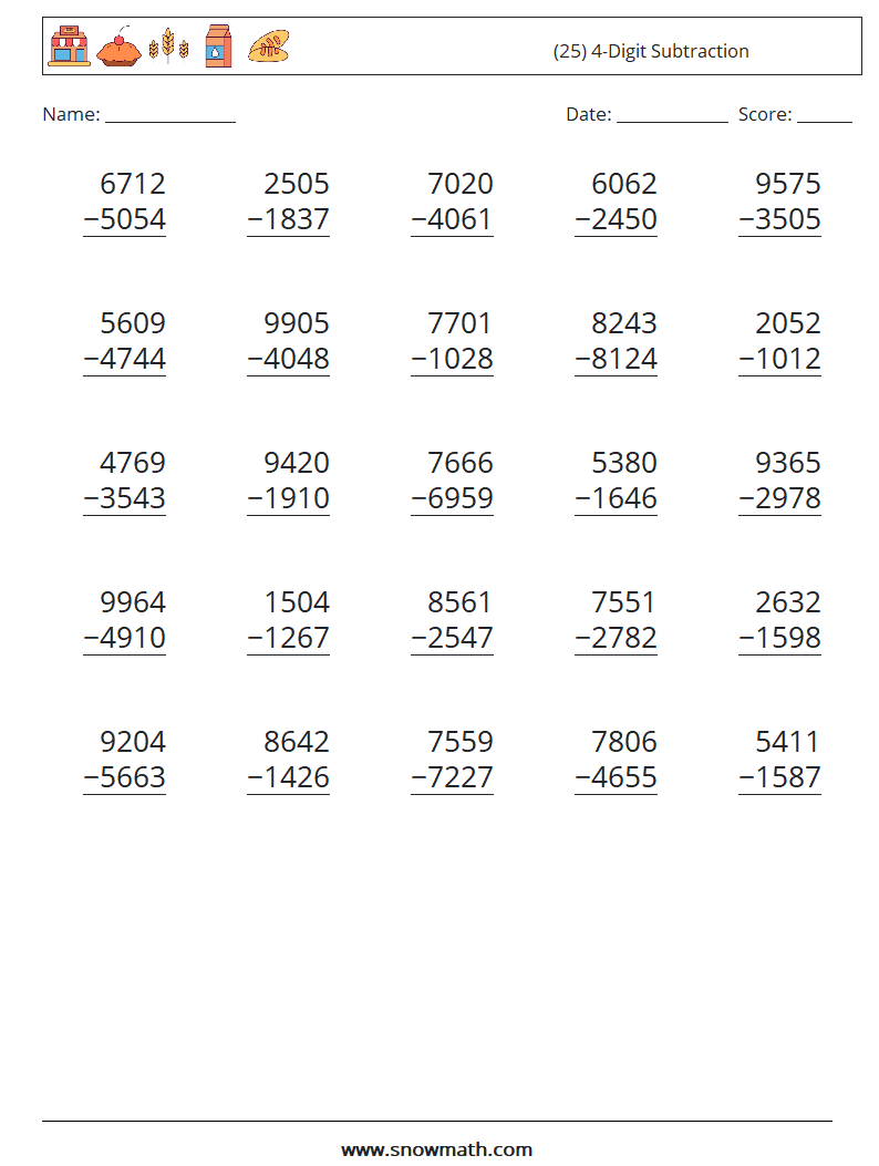 (25) 4-Digit Subtraction Math Worksheets 8