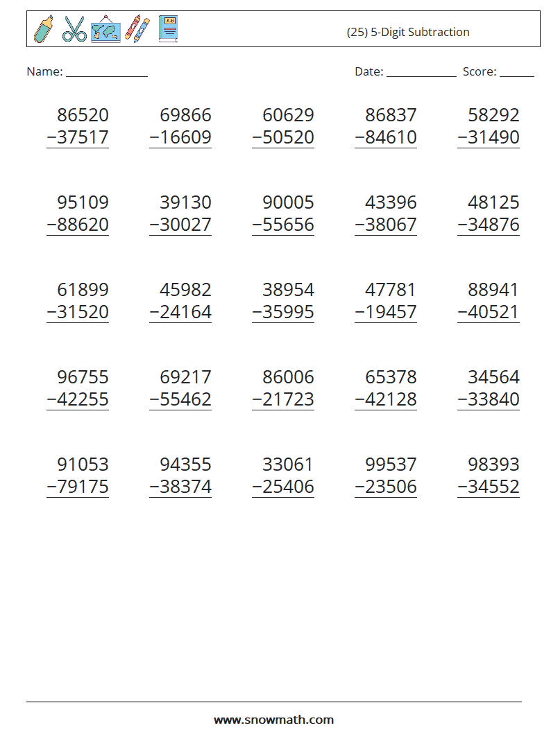 (25) 5-Digit Subtraction Math Worksheets 1