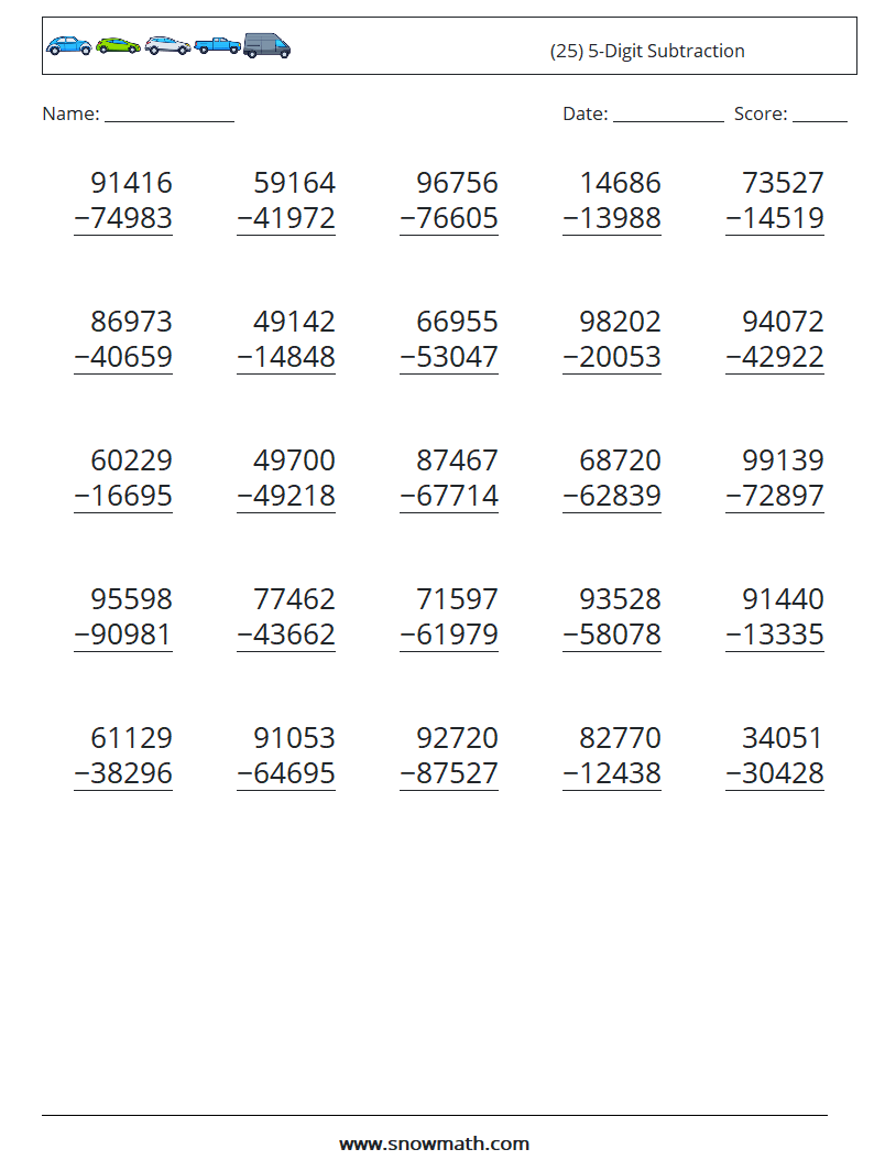 (25) 5-Digit Subtraction Math Worksheets 2