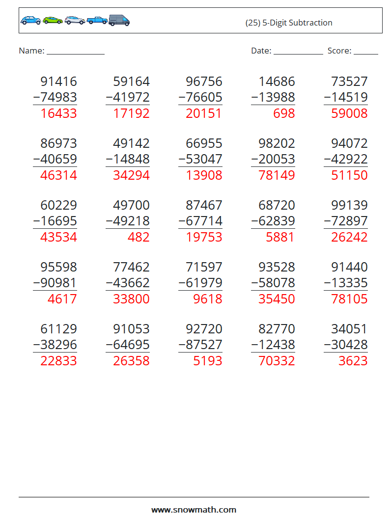 (25) 5-Digit Subtraction Math Worksheets 2 Question, Answer