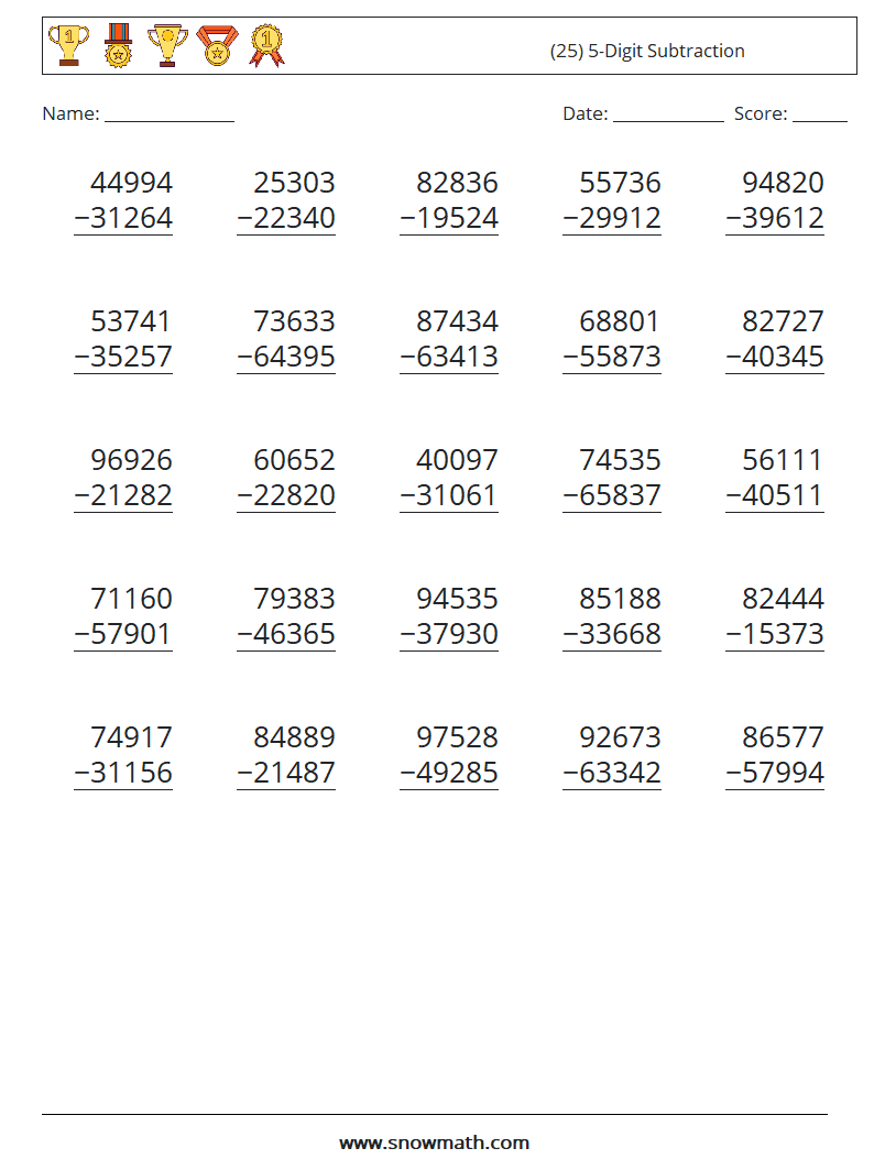 (25) 5-Digit Subtraction Math Worksheets 3