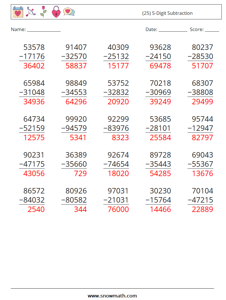 (25) 5-Digit Subtraction Math Worksheets 4 Question, Answer