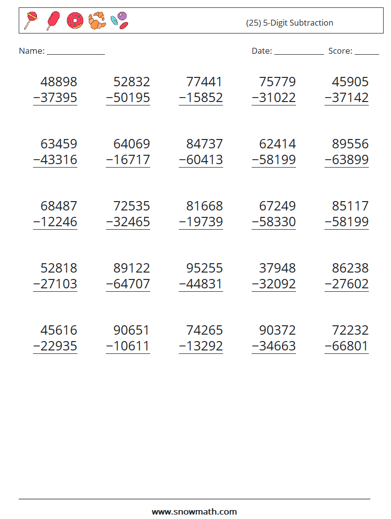 (25) 5-Digit Subtraction Math Worksheets 5