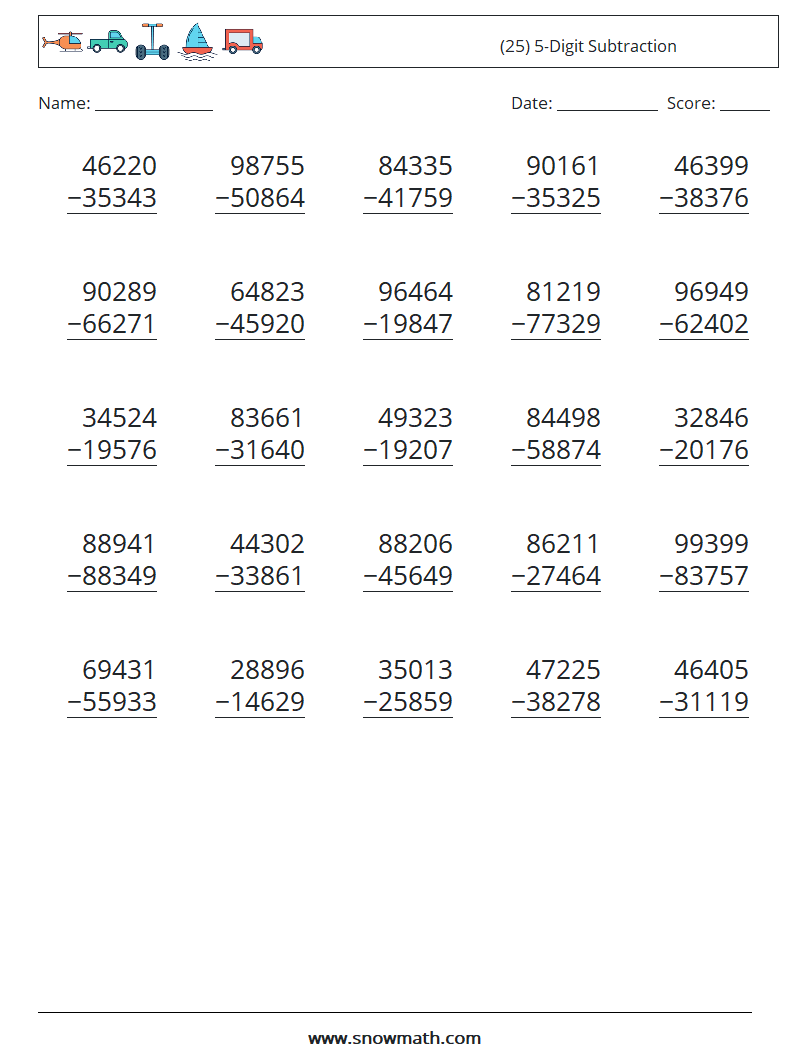 (25) 5-Digit Subtraction Math Worksheets 6