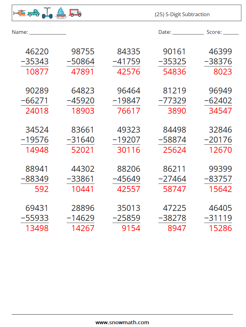 (25) 5-Digit Subtraction Math Worksheets 6 Question, Answer