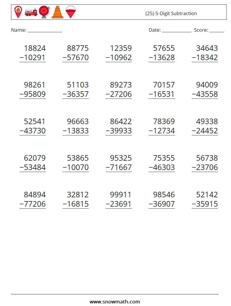 (25) 5-Digit Subtraction Math Worksheets 7