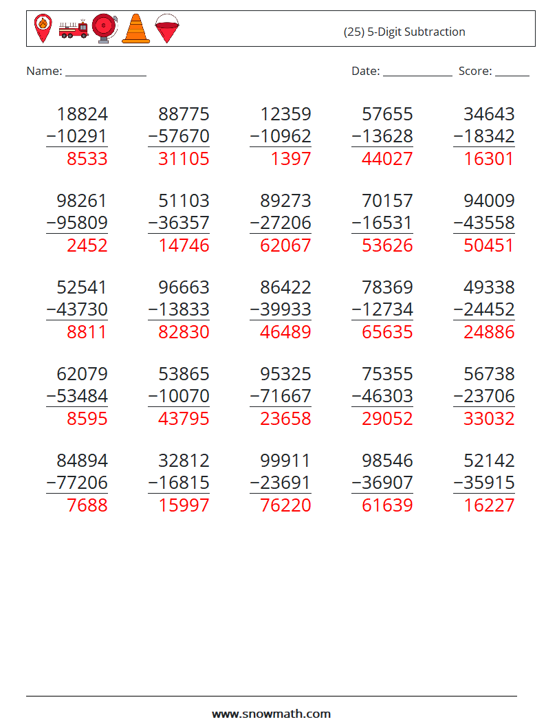 (25) 5-Digit Subtraction Math Worksheets 7 Question, Answer