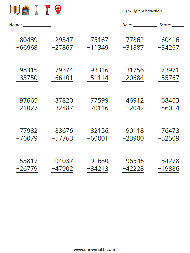 (25) 5-Digit Subtraction Math Worksheets 8