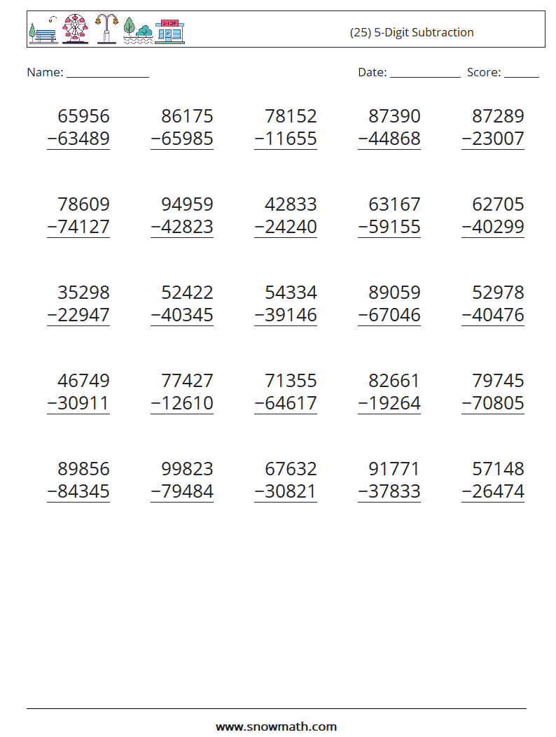 (25) 5-Digit Subtraction Math Worksheets 9