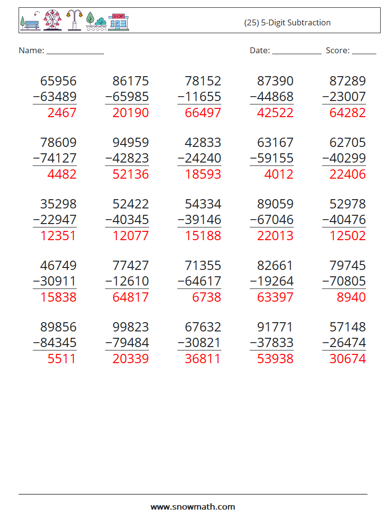 (25) 5-Digit Subtraction Math Worksheets 9 Question, Answer