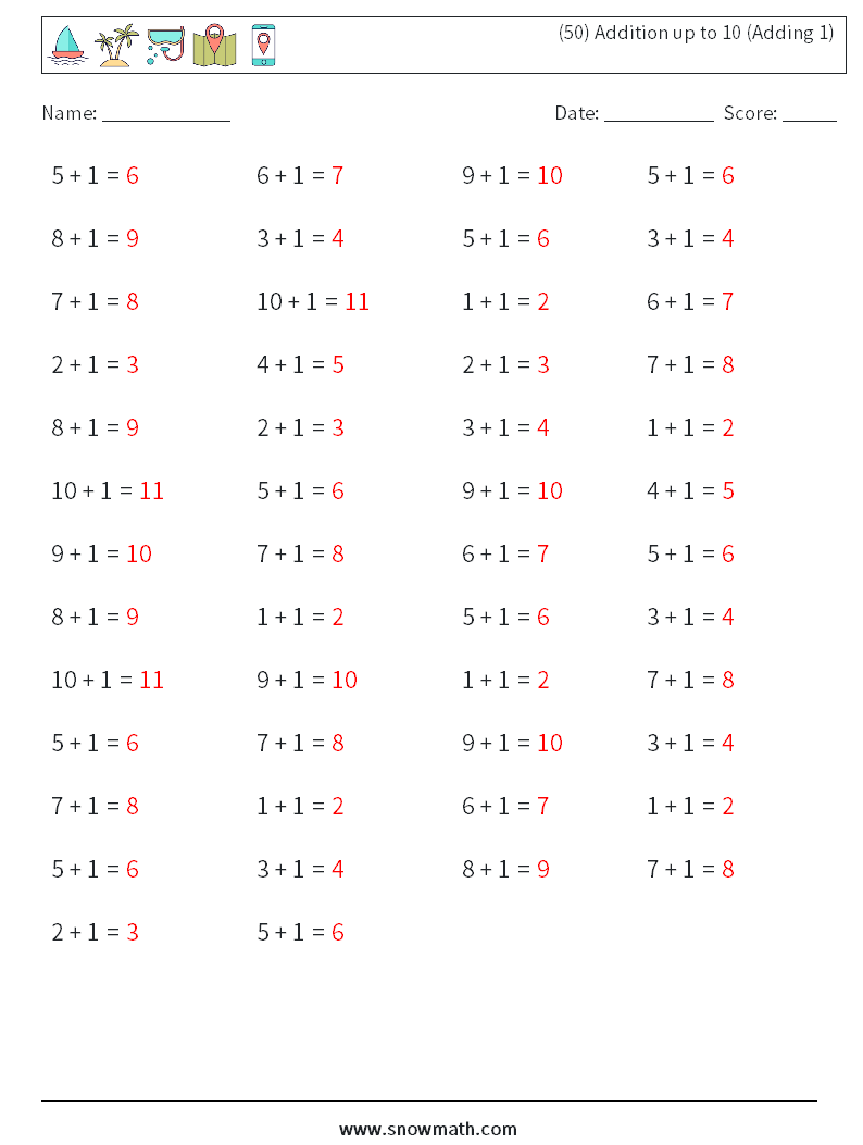 (50) Addition up to 10 (Adding 1) Maths Worksheets 5 Question, Answer