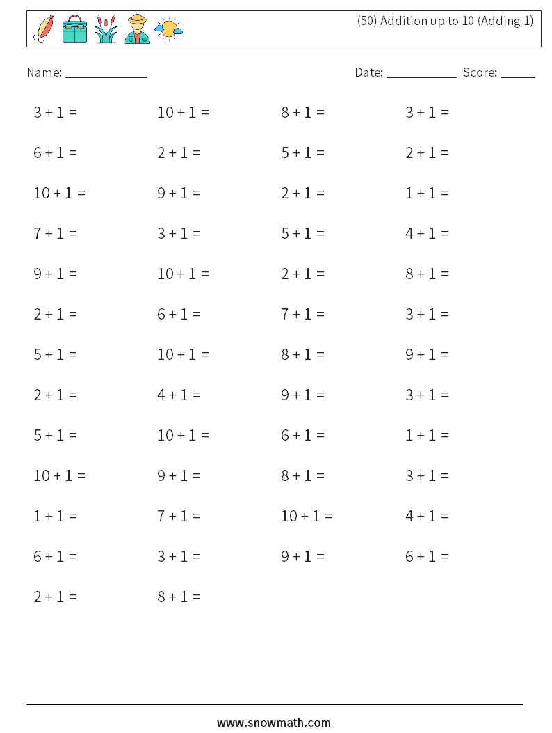 (50) Addition up to 10 (Adding 1) Maths Worksheets 6