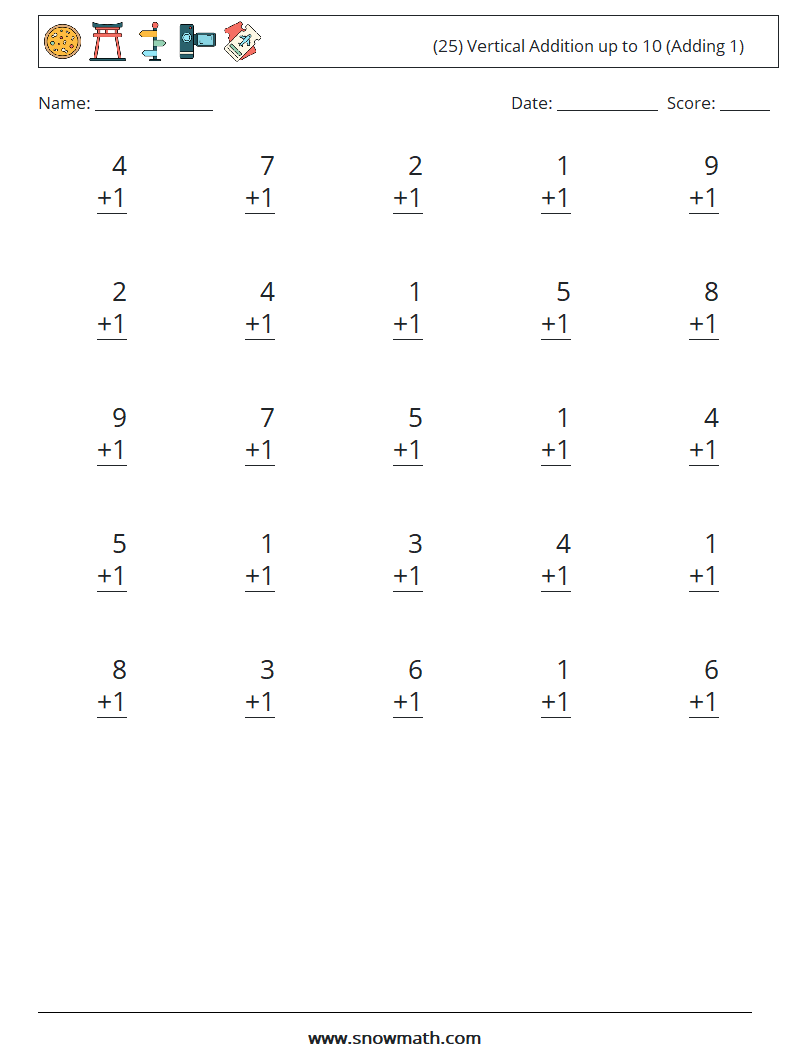 (25) Vertical Addition up to 10 (Adding 1) Maths Worksheets 1