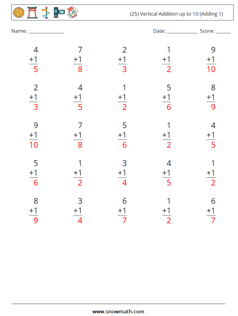 (25) Vertical Addition up to 10 (Adding 1) Maths Worksheets 1 Question, Answer