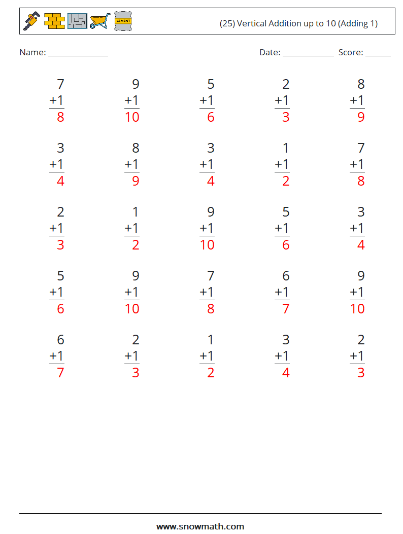 (25) Vertical Addition up to 10 (Adding 1) Maths Worksheets 2 Question, Answer