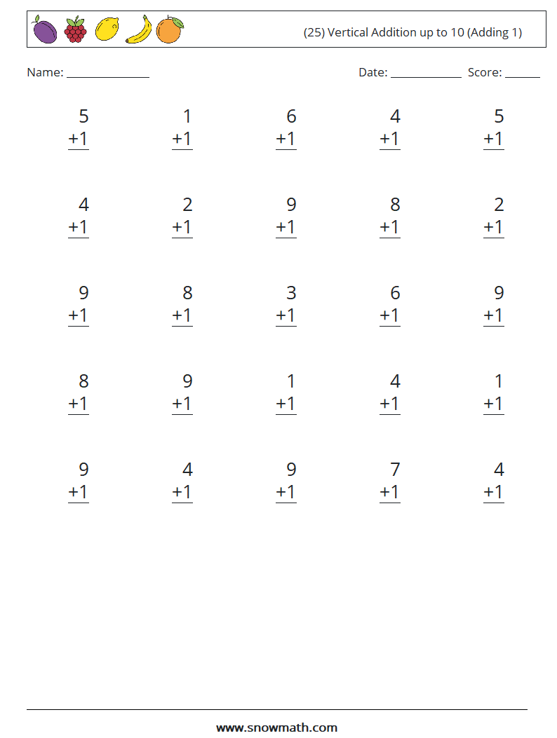 (25) Vertical Addition up to 10 (Adding 1) Maths Worksheets 3