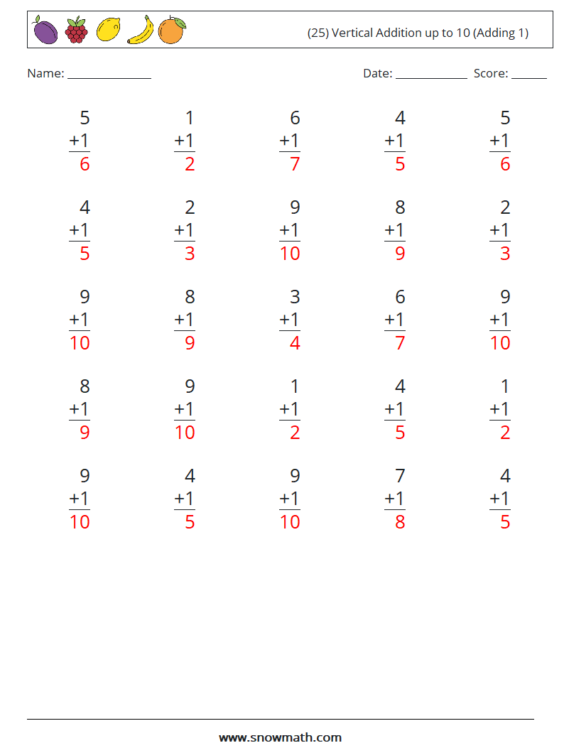 (25) Vertical Addition up to 10 (Adding 1) Maths Worksheets 3 Question, Answer