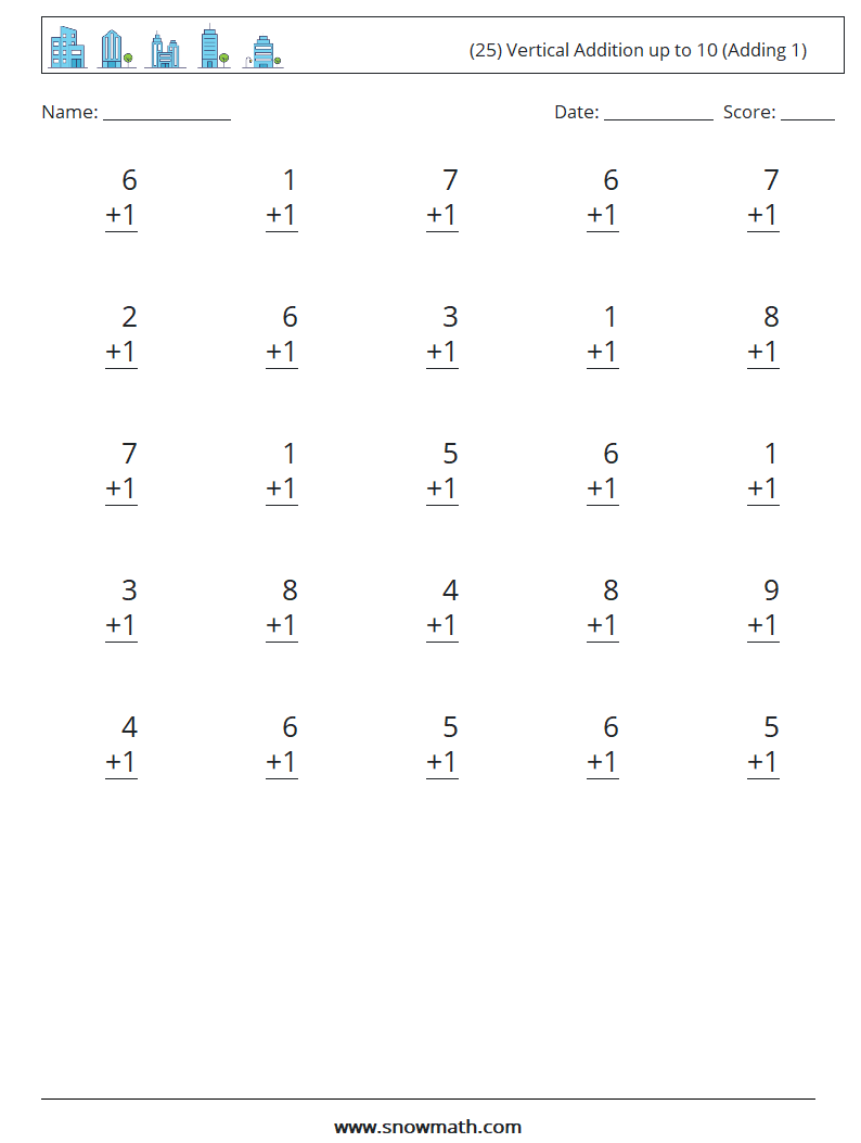 (25) Vertical Addition up to 10 (Adding 1) Maths Worksheets 4