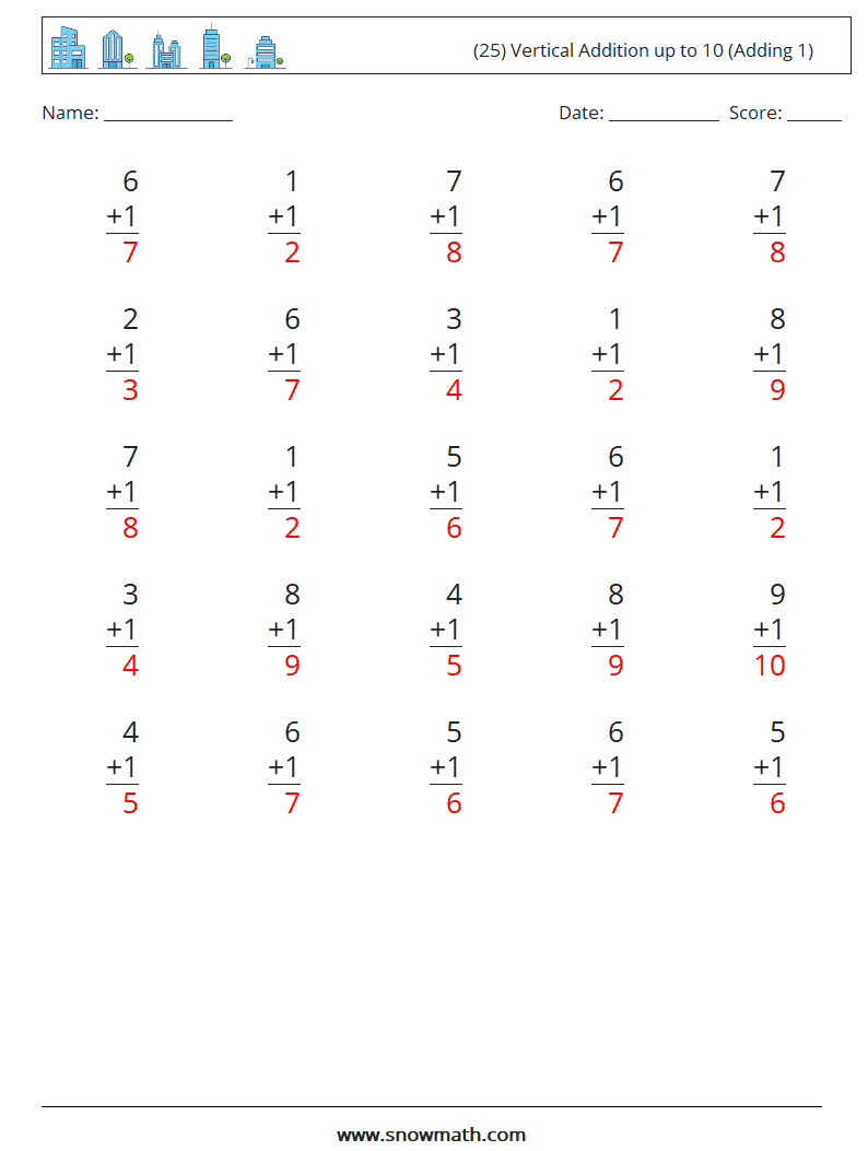 (25) Vertical Addition up to 10 (Adding 1) Maths Worksheets 4 Question, Answer