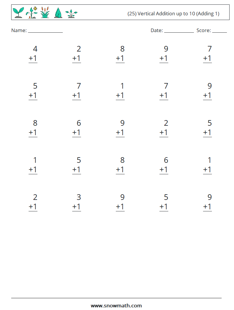 (25) Vertical Addition up to 10 (Adding 1) Maths Worksheets 5