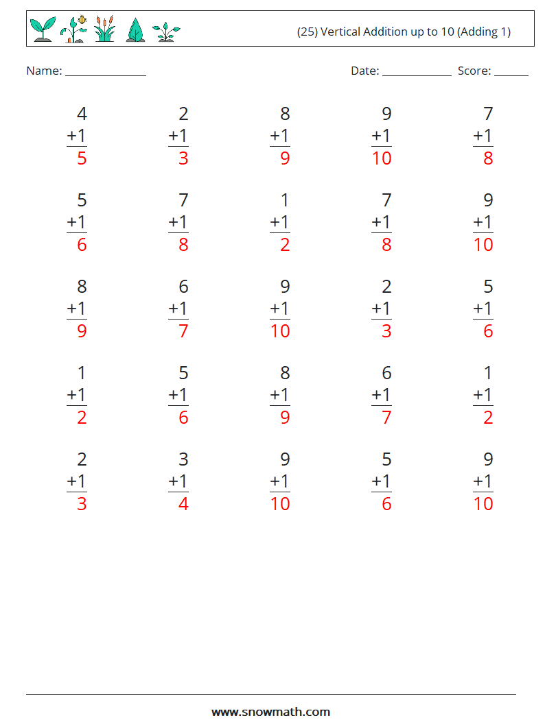 (25) Vertical Addition up to 10 (Adding 1) Maths Worksheets 5 Question, Answer